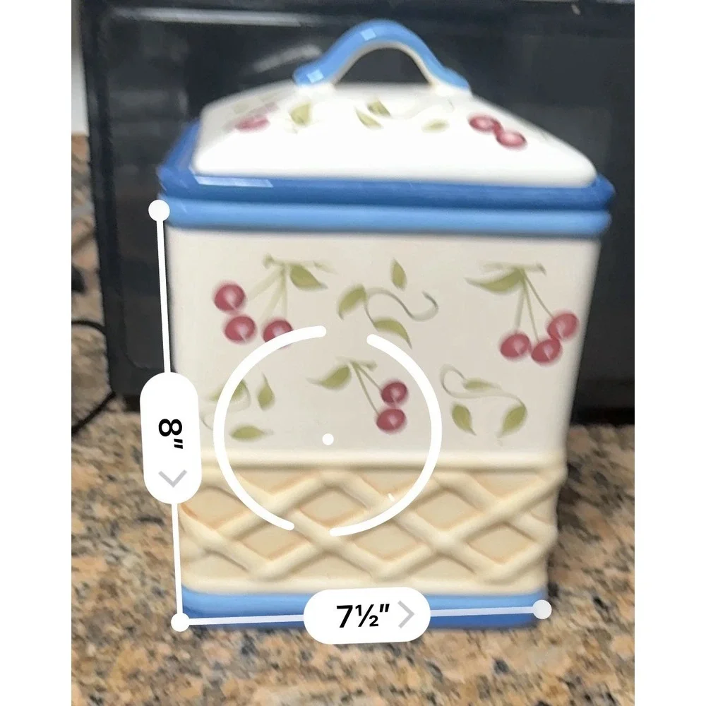 INSPIRADO Large Handpainted Stonelite Clay Cookie Jar Cherry Basket Weave Design